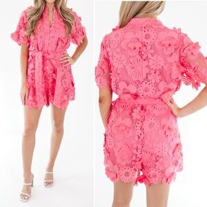 J. Marie| Pink floral romper short sleeves and a belt The Saylor Romper|Sz S